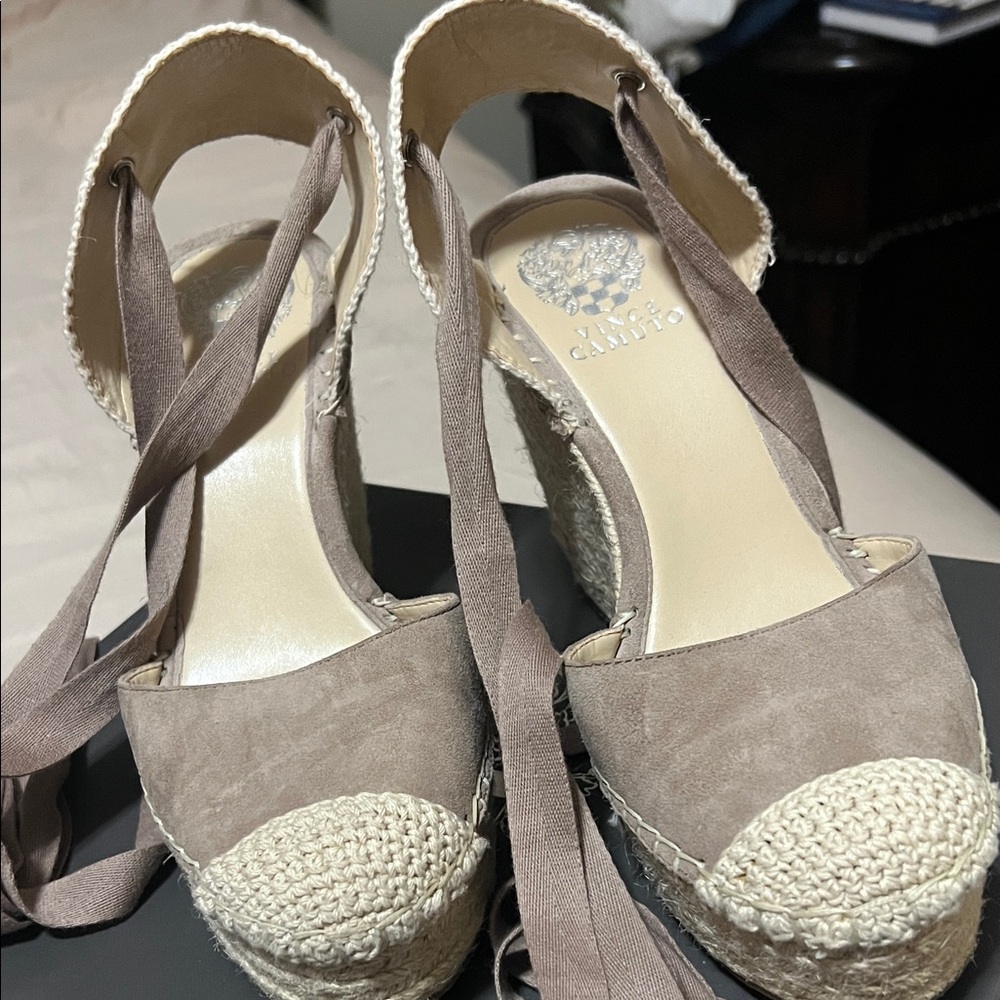 Vince Camuto Taupe and Cream Espadrille Wedges